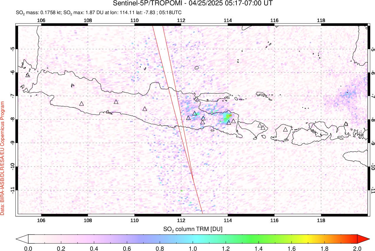 A sulfur dioxide image over Java, Indonesia on Apr 25, 2025.