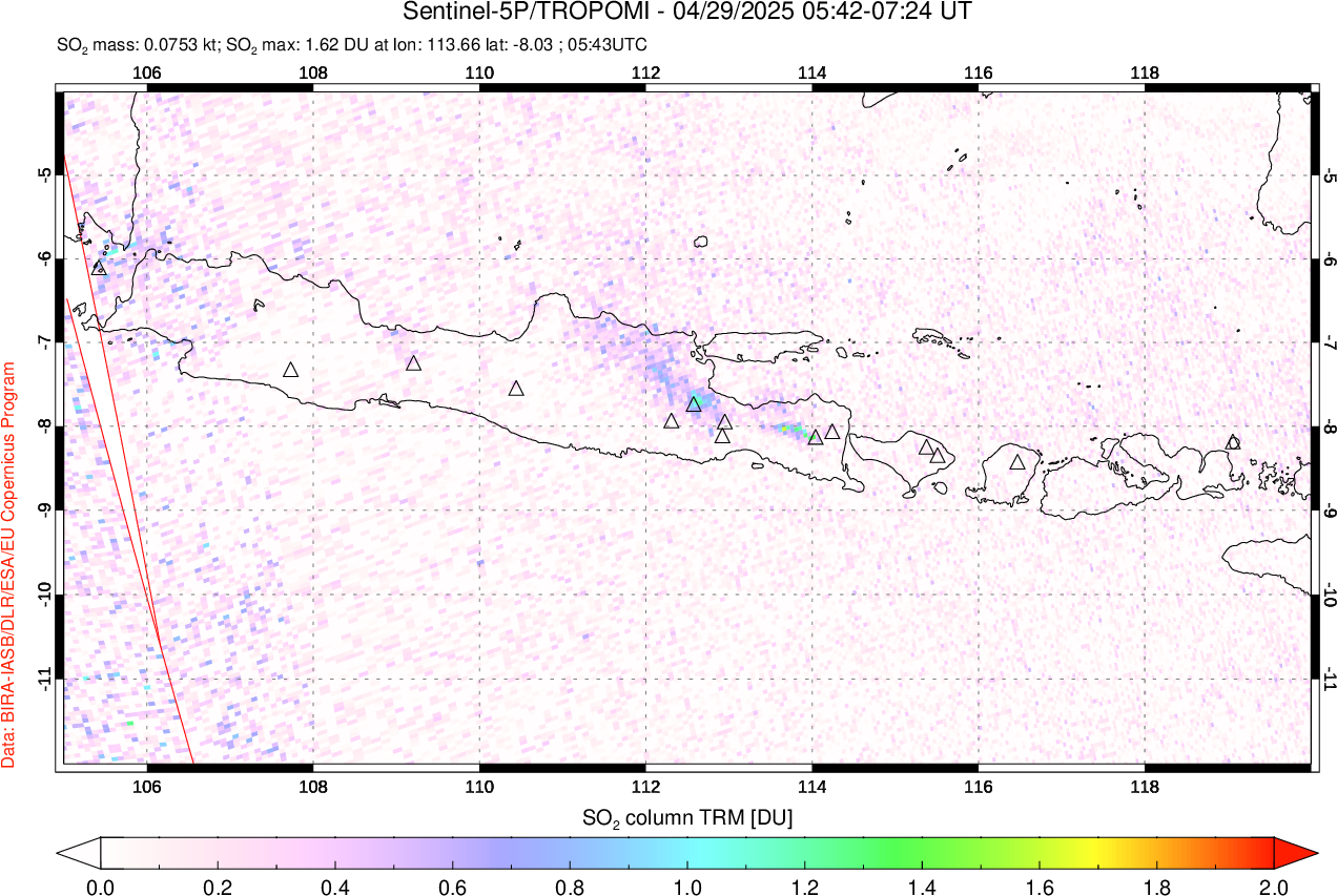 A sulfur dioxide image over Java, Indonesia on Apr 29, 2025.