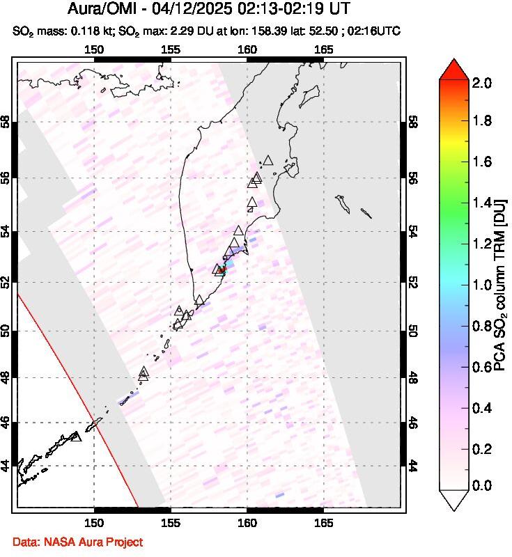A sulfur dioxide image over Kamchatka, Russian Federation on Apr 12, 2025.