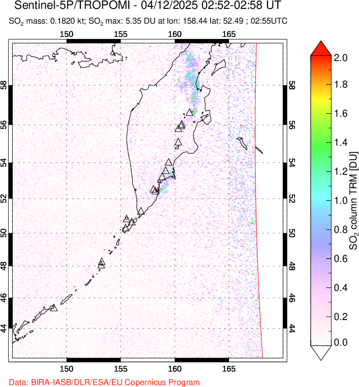 A sulfur dioxide image over Kamchatka, Russian Federation on Apr 12, 2025.