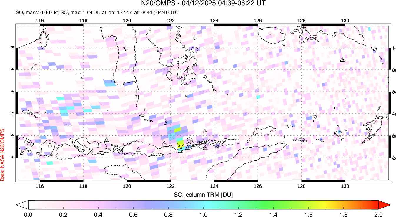 A sulfur dioxide image over Lesser Sunda Islands, Indonesia on Apr 12, 2025.