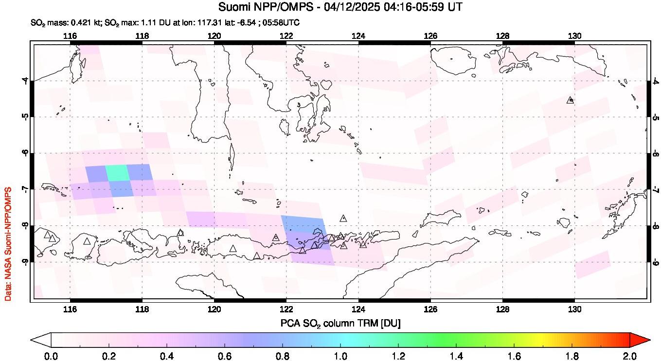 A sulfur dioxide image over Lesser Sunda Islands, Indonesia on Apr 12, 2025.