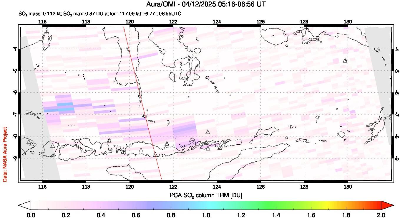 A sulfur dioxide image over Lesser Sunda Islands, Indonesia on Apr 12, 2025.