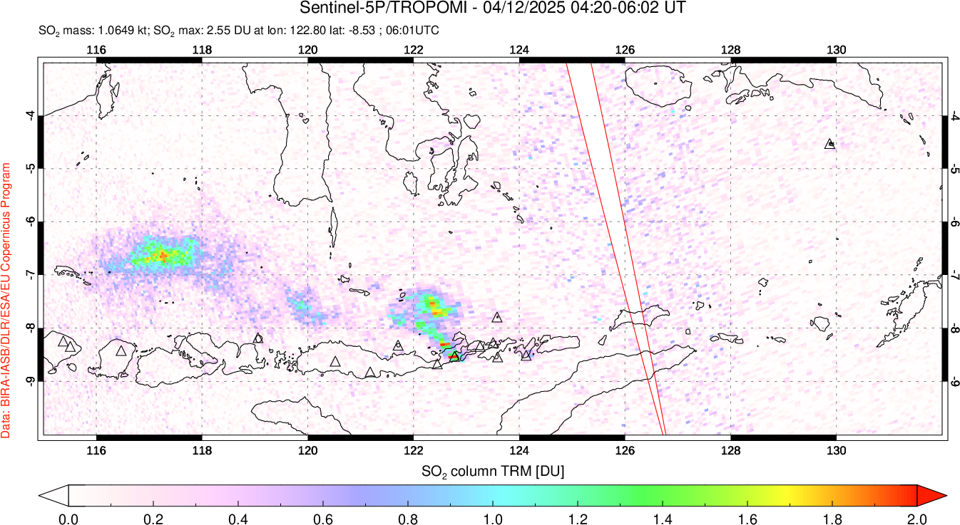 A sulfur dioxide image over Lesser Sunda Islands, Indonesia on Apr 12, 2025.