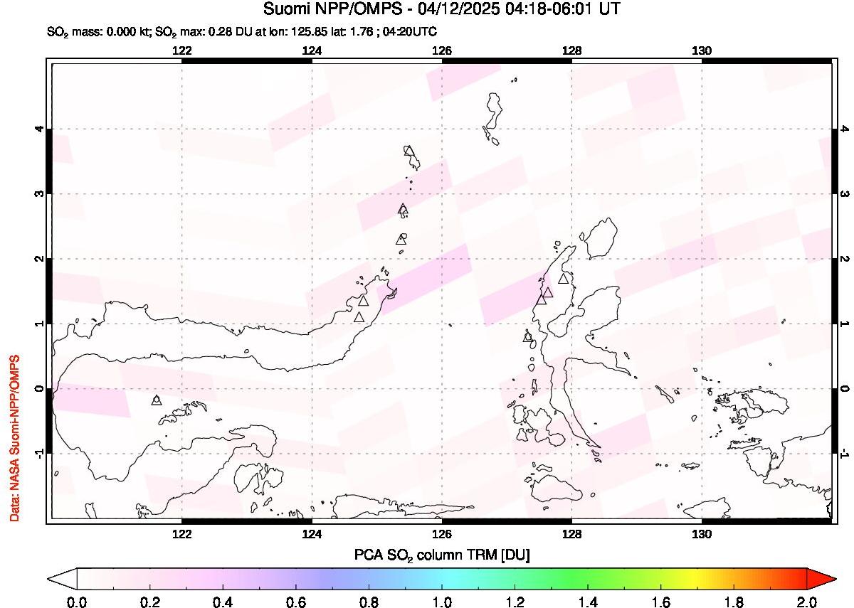 A sulfur dioxide image over Northern Sulawesi & Halmahera, Indonesia on Apr 12, 2025.