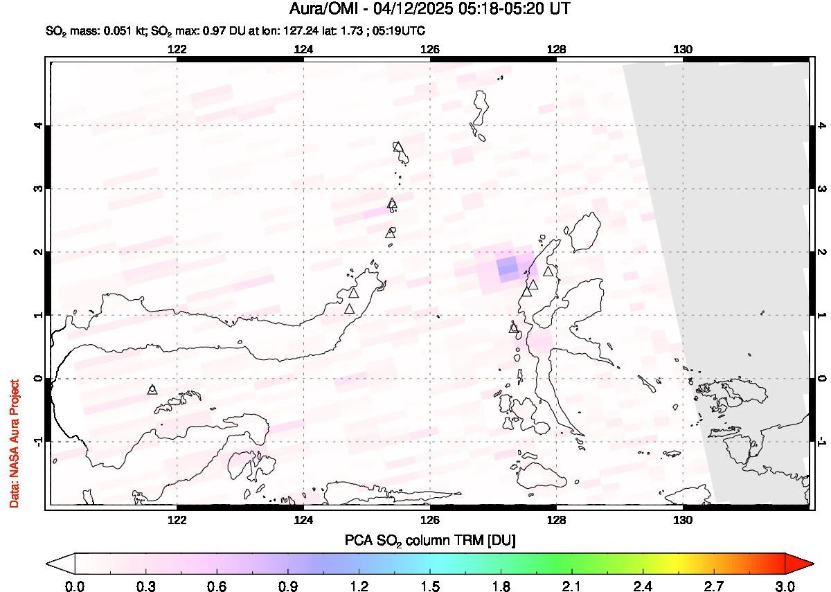 A sulfur dioxide image over Northern Sulawesi & Halmahera, Indonesia on Apr 12, 2025.