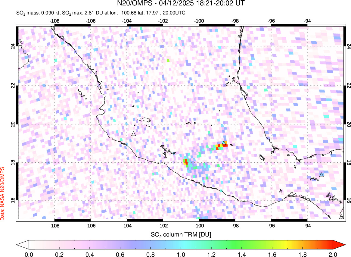 A sulfur dioxide image over Mexico on Apr 12, 2025.