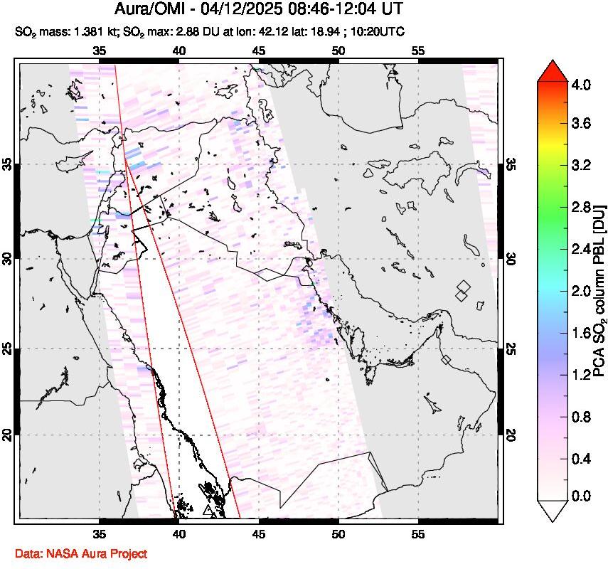 A sulfur dioxide image over Middle East on Apr 12, 2025.