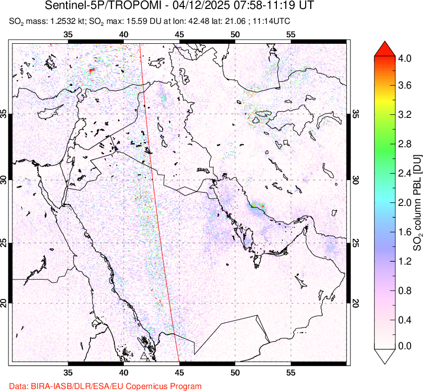 A sulfur dioxide image over Middle East on Apr 12, 2025.