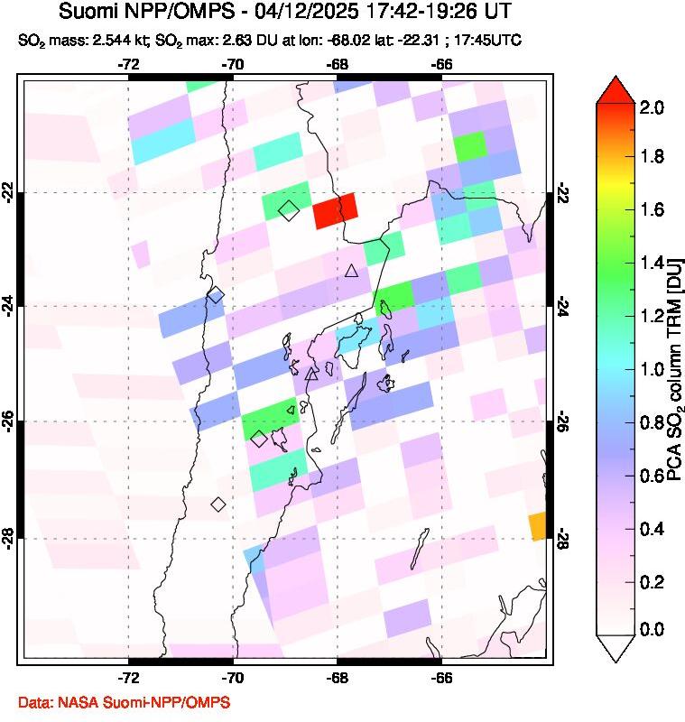 A sulfur dioxide image over Northern Chile on Apr 12, 2025.