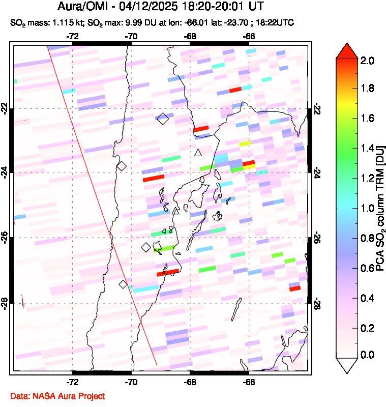 A sulfur dioxide image over Northern Chile on Apr 12, 2025.