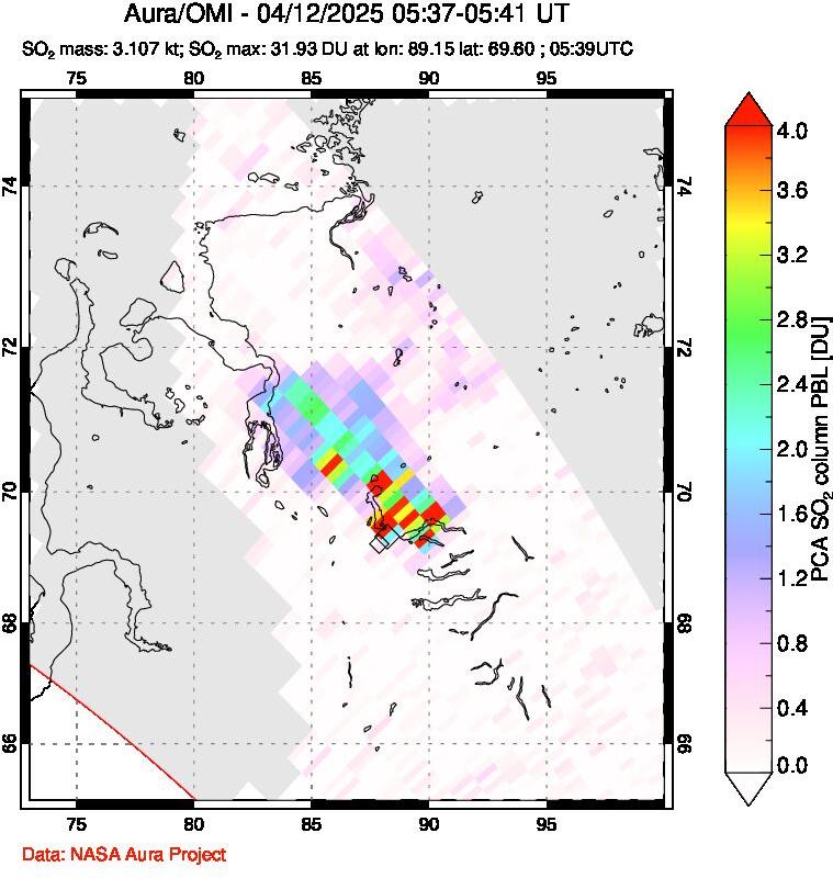 A sulfur dioxide image over Norilsk, Russian Federation on Apr 12, 2025.