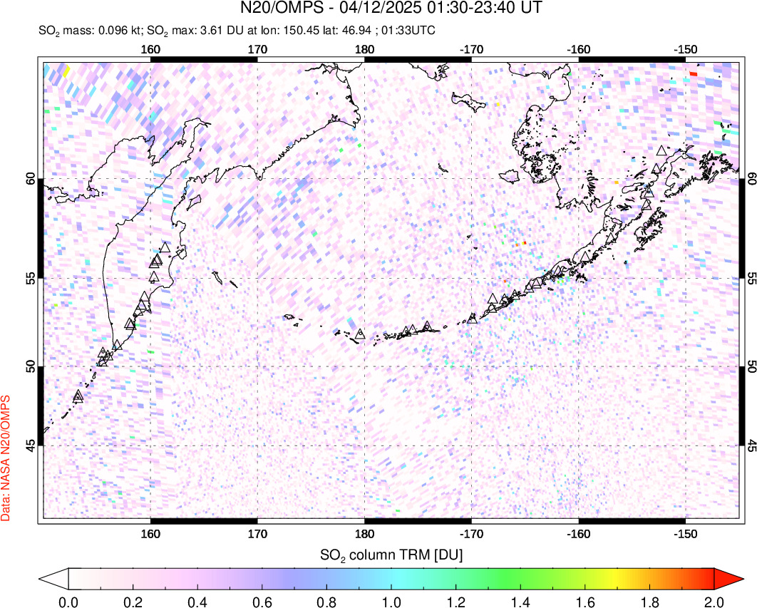 A sulfur dioxide image over North Pacific on Apr 12, 2025.