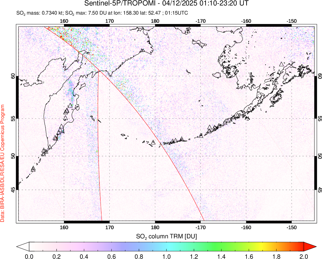 A sulfur dioxide image over North Pacific on Apr 12, 2025.