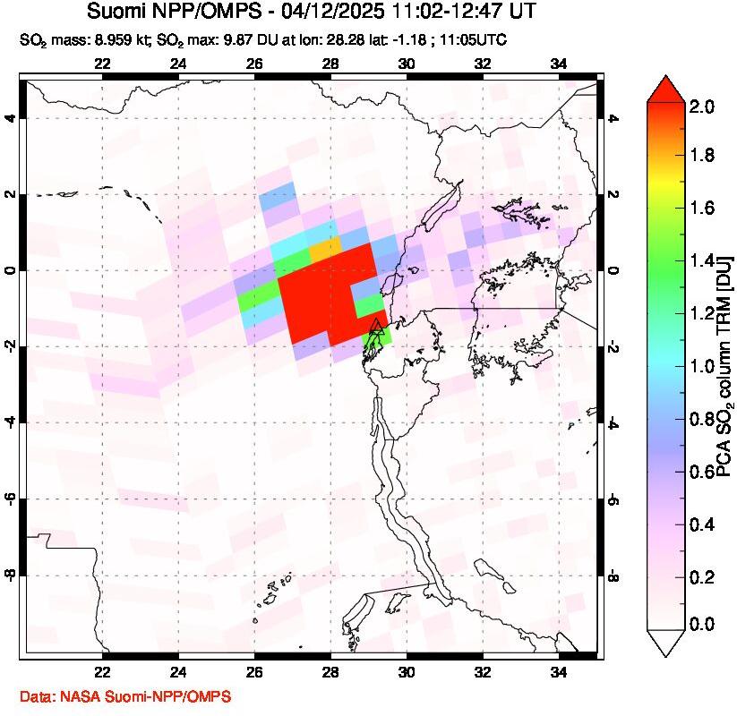 A sulfur dioxide image over Nyiragongo, DR Congo on Apr 12, 2025.