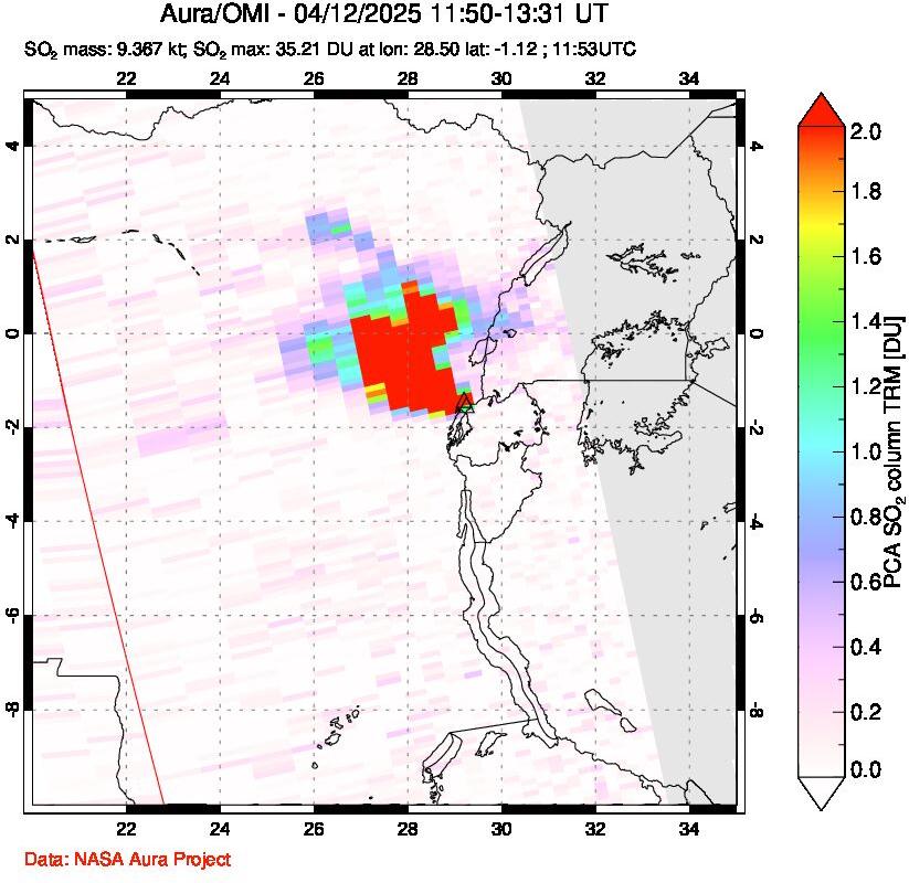 A sulfur dioxide image over Nyiragongo, DR Congo on Apr 12, 2025.
