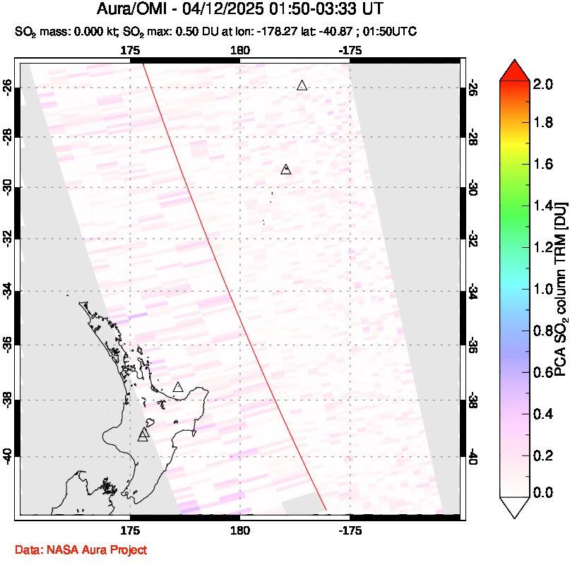 A sulfur dioxide image over New Zealand on Apr 12, 2025.