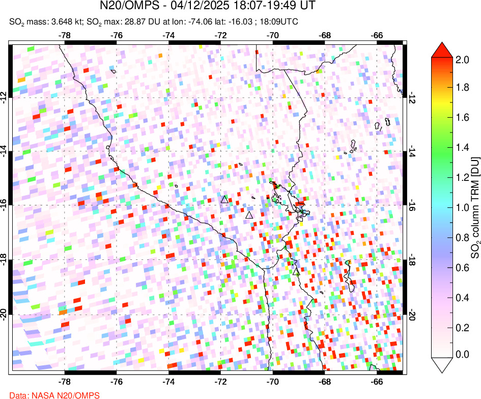 A sulfur dioxide image over Peru on Apr 12, 2025.
