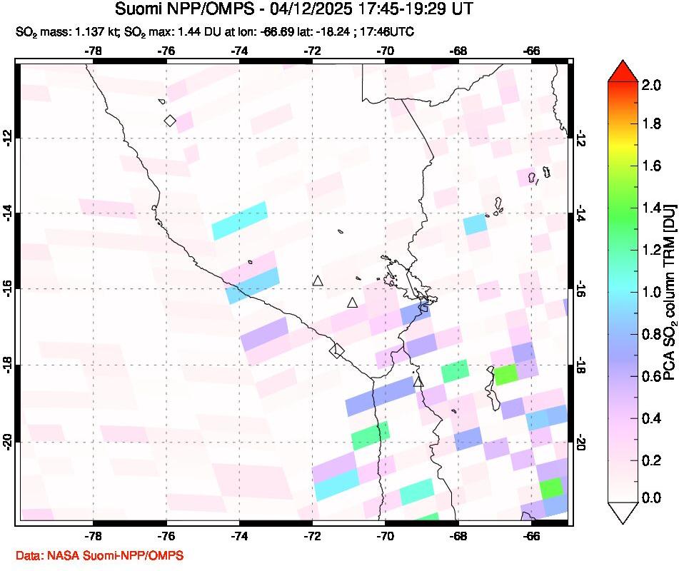 A sulfur dioxide image over Peru on Apr 12, 2025.