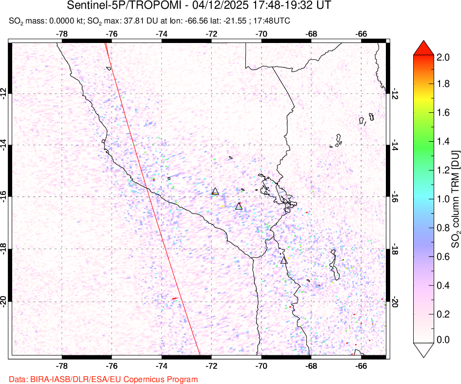 A sulfur dioxide image over Peru on Apr 12, 2025.