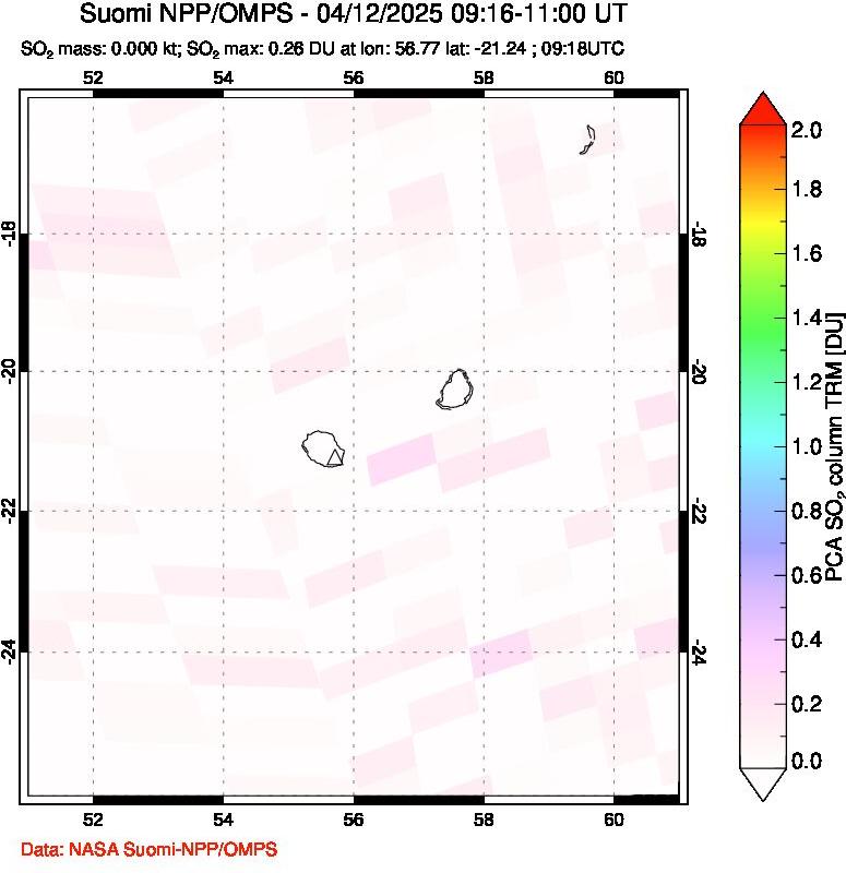 A sulfur dioxide image over Reunion Island, Indian Ocean on Apr 12, 2025.
