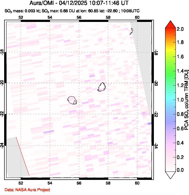 A sulfur dioxide image over Reunion Island, Indian Ocean on Apr 12, 2025.