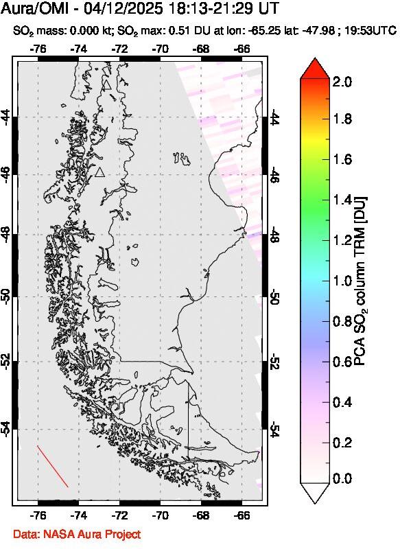 A sulfur dioxide image over Southern Chile on Apr 12, 2025.