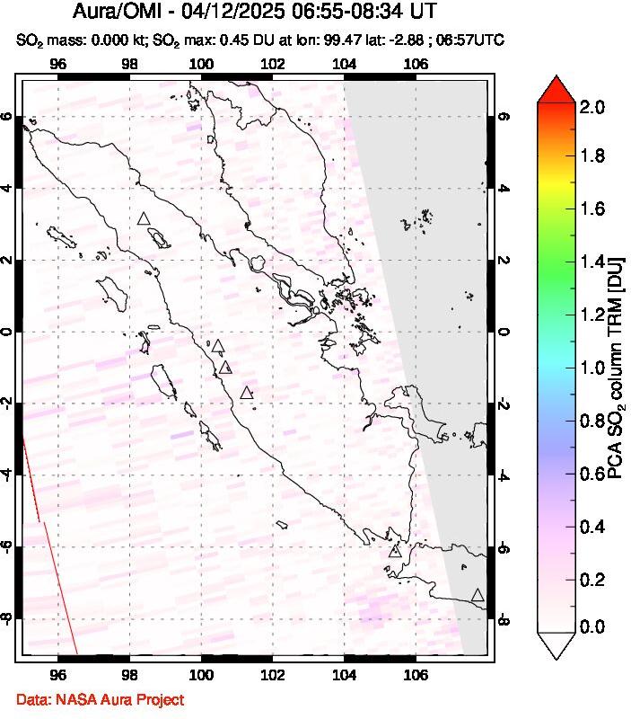 A sulfur dioxide image over Sumatra, Indonesia on Apr 12, 2025.
