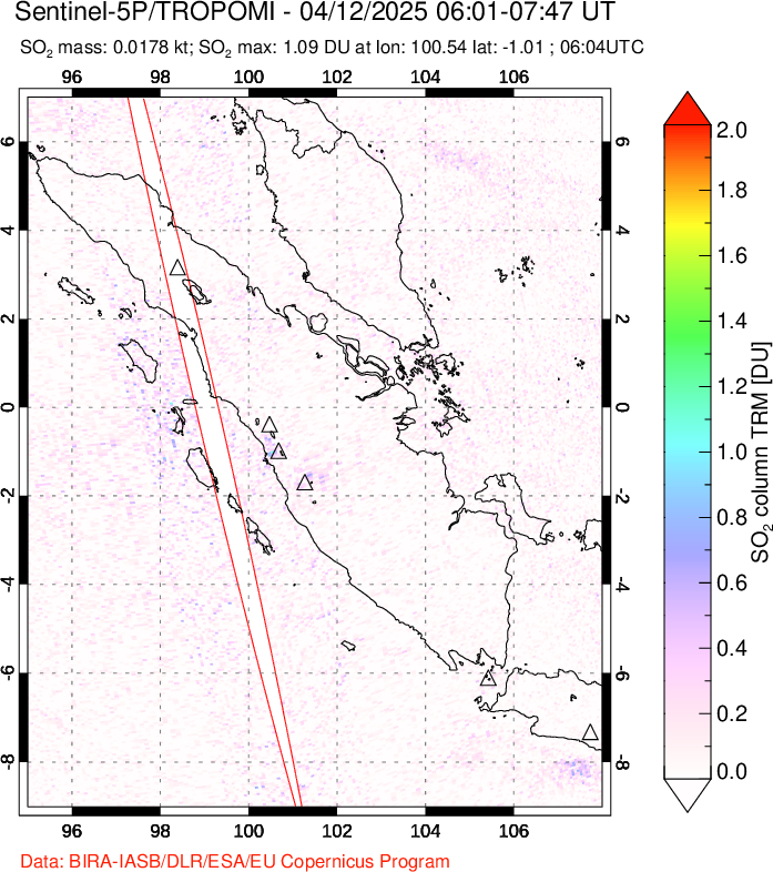 A sulfur dioxide image over Sumatra, Indonesia on Apr 12, 2025.