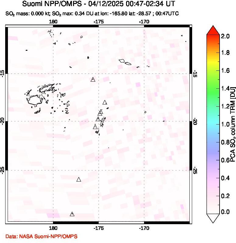 A sulfur dioxide image over Tonga, South Pacific on Apr 12, 2025.