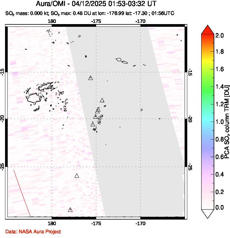 A sulfur dioxide image over Tonga, South Pacific on Apr 12, 2025.