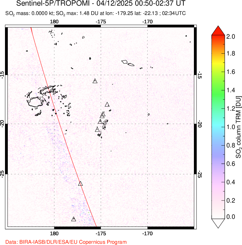 A sulfur dioxide image over Tonga, South Pacific on Apr 12, 2025.
