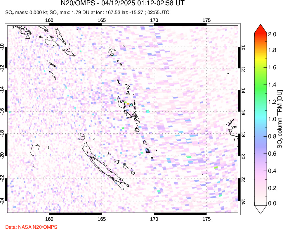 A sulfur dioxide image over Vanuatu, South Pacific on Apr 12, 2025.