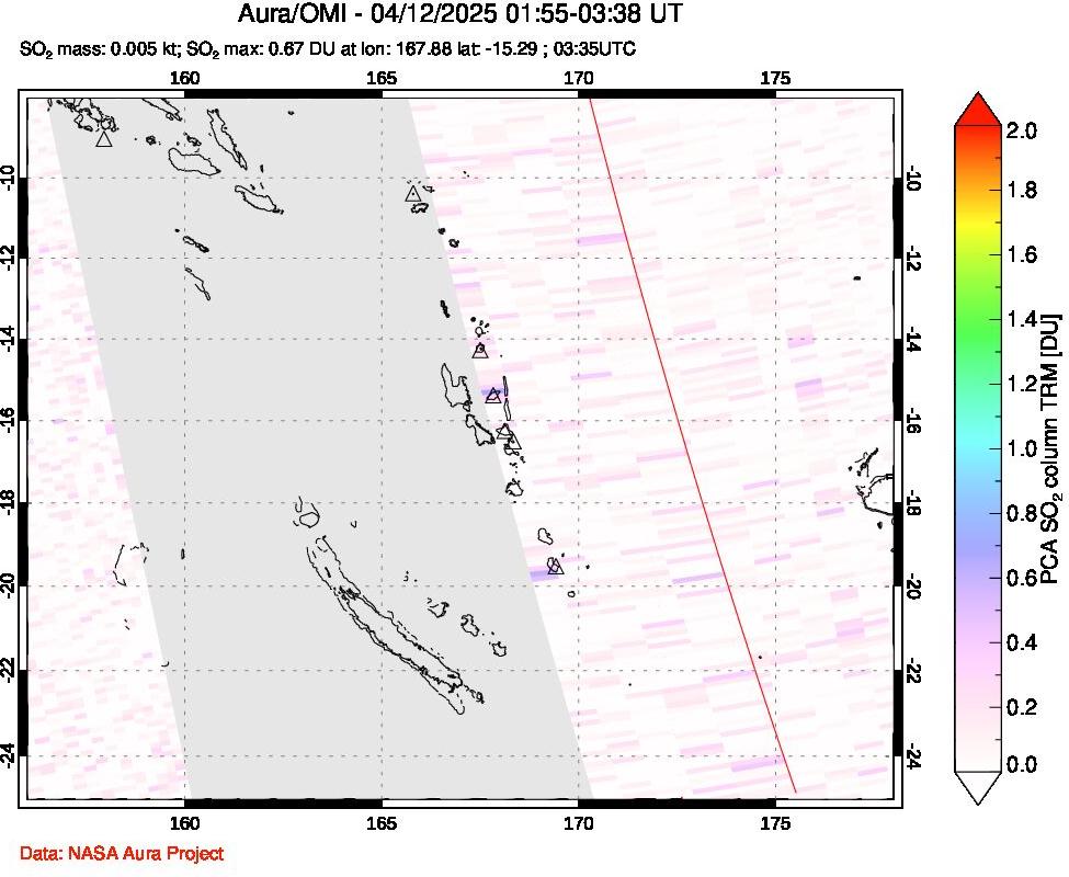 A sulfur dioxide image over Vanuatu, South Pacific on Apr 12, 2025.