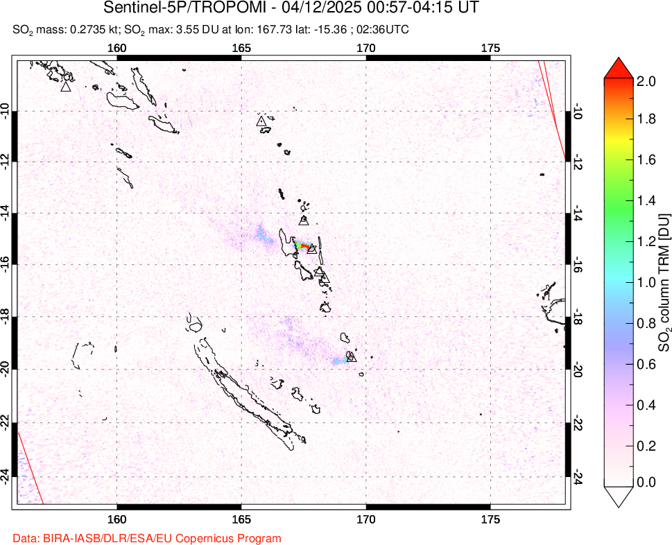A sulfur dioxide image over Vanuatu, South Pacific on Apr 12, 2025.