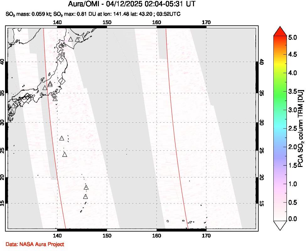 A sulfur dioxide image over Western Pacific on Apr 12, 2025.