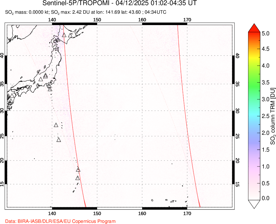 A sulfur dioxide image over Western Pacific on Apr 12, 2025.