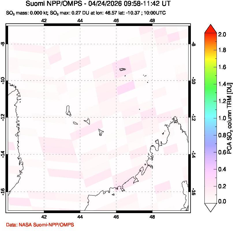 A sulfur dioxide image over Comoro Islands on Apr 24, 2026.