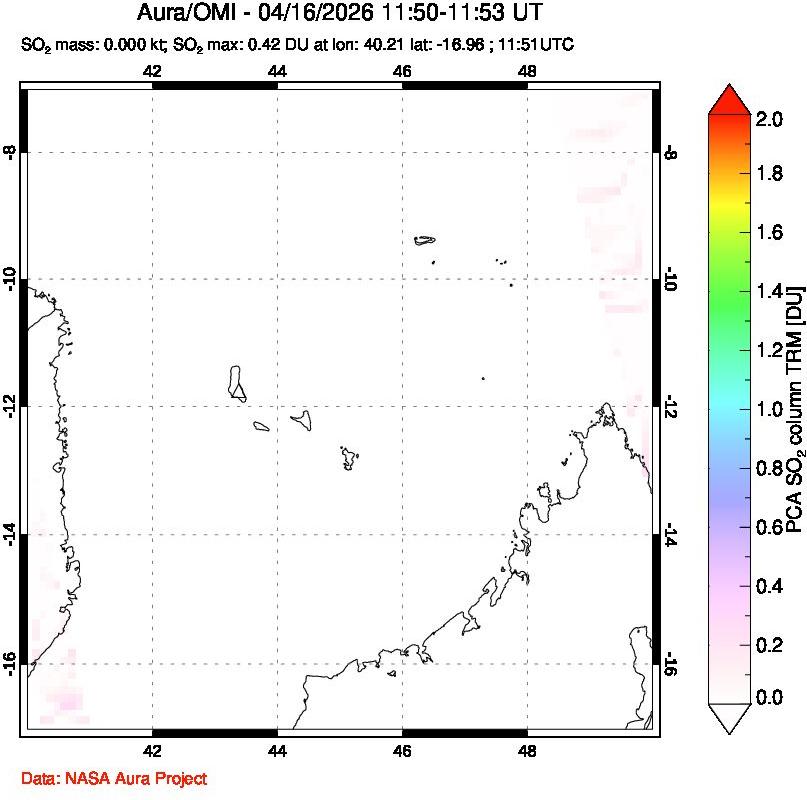 A sulfur dioxide image over Comoro Islands on Apr 16, 2026.