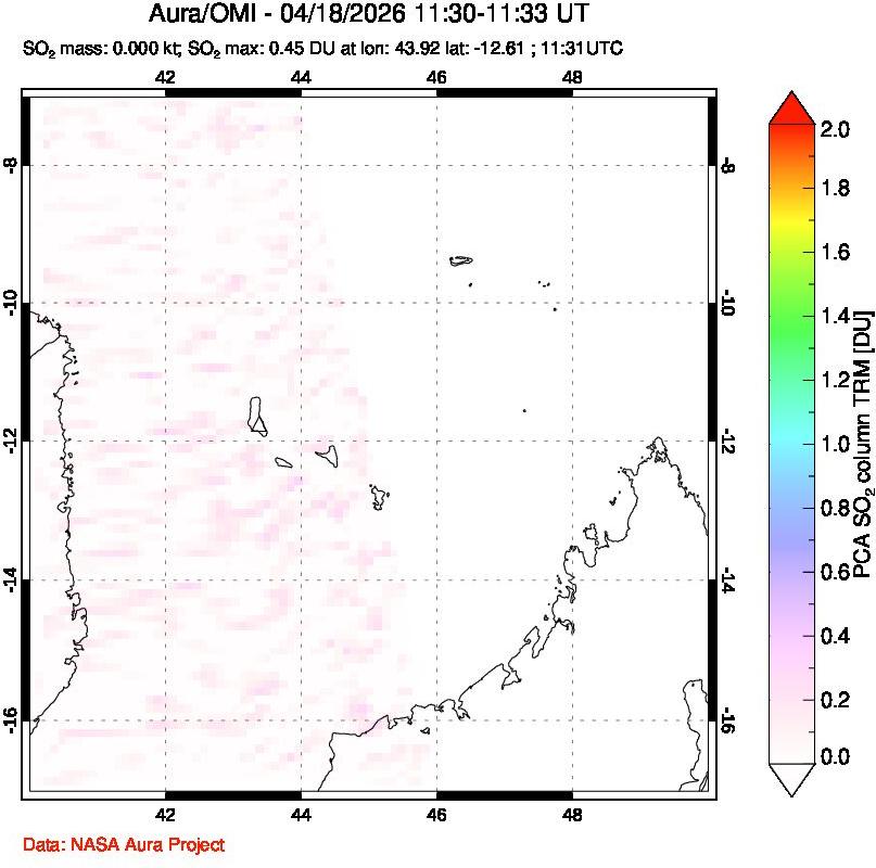 A sulfur dioxide image over Comoro Islands on Apr 18, 2026.