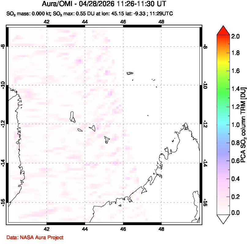 A sulfur dioxide image over Comoro Islands on Apr 28, 2026.