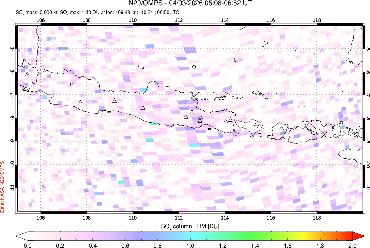 A sulfur dioxide image over Java, Indonesia on Apr 03, 2026.