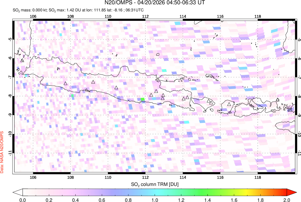 A sulfur dioxide image over Java, Indonesia on Apr 20, 2026.