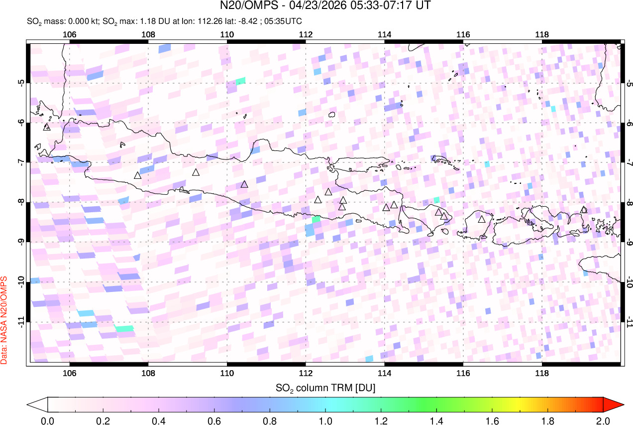 A sulfur dioxide image over Java, Indonesia on Apr 23, 2026.