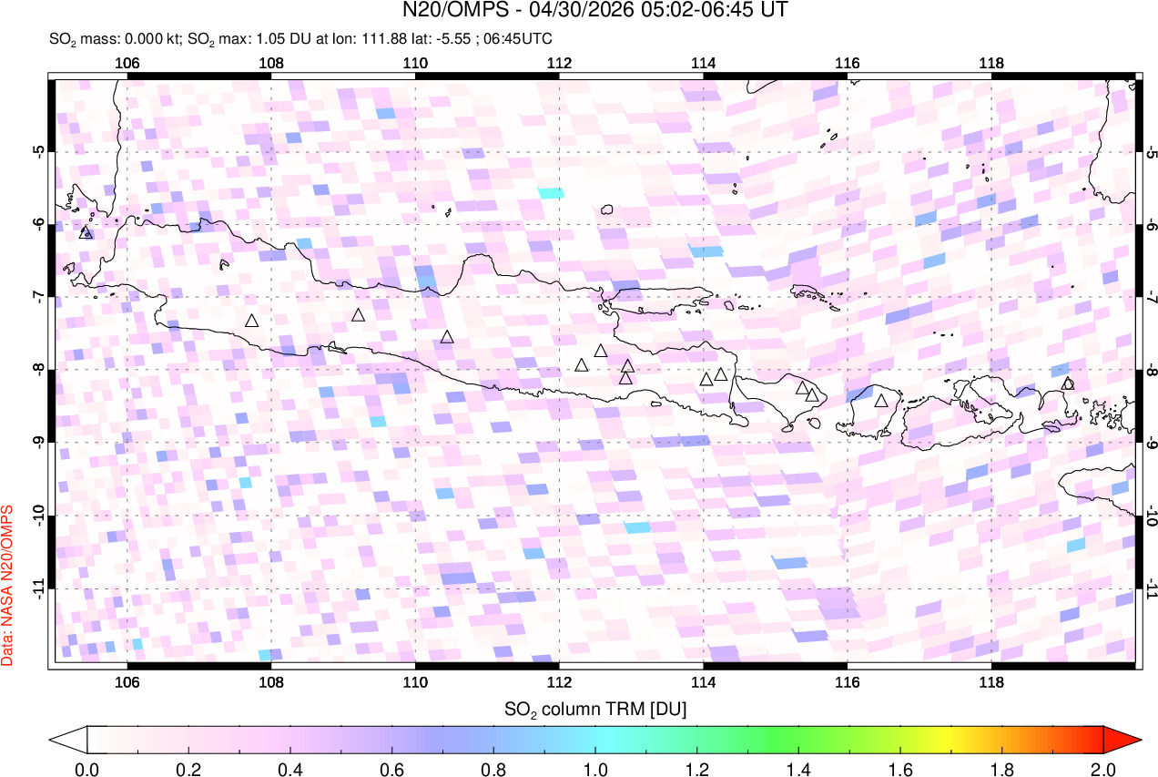 A sulfur dioxide image over Java, Indonesia on Apr 30, 2026.