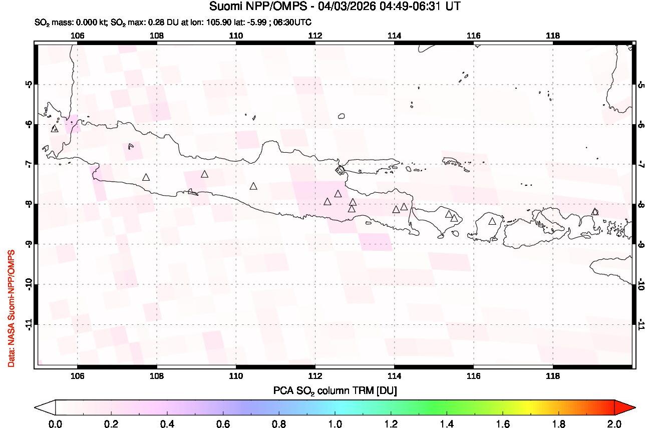 A sulfur dioxide image over Java, Indonesia on Apr 03, 2026.