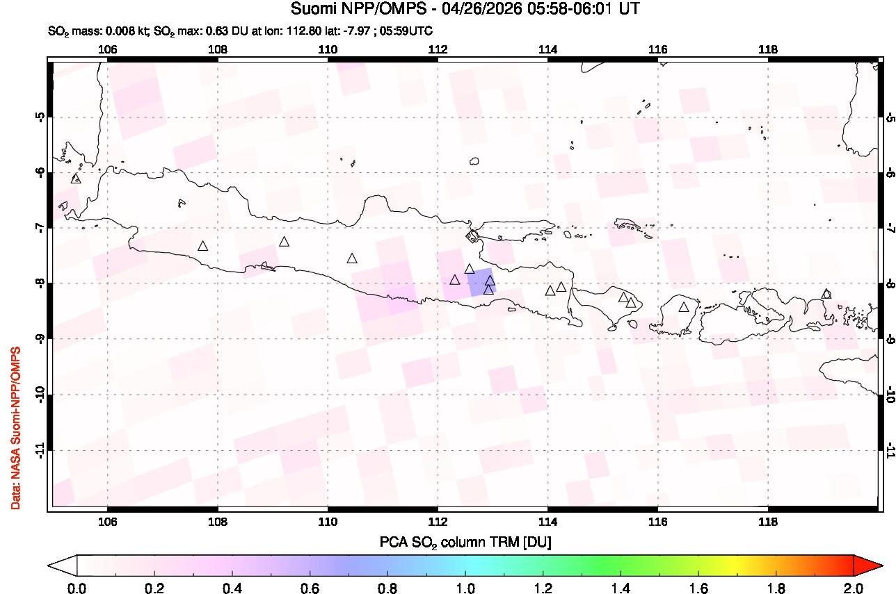 A sulfur dioxide image over Java, Indonesia on Apr 26, 2026.