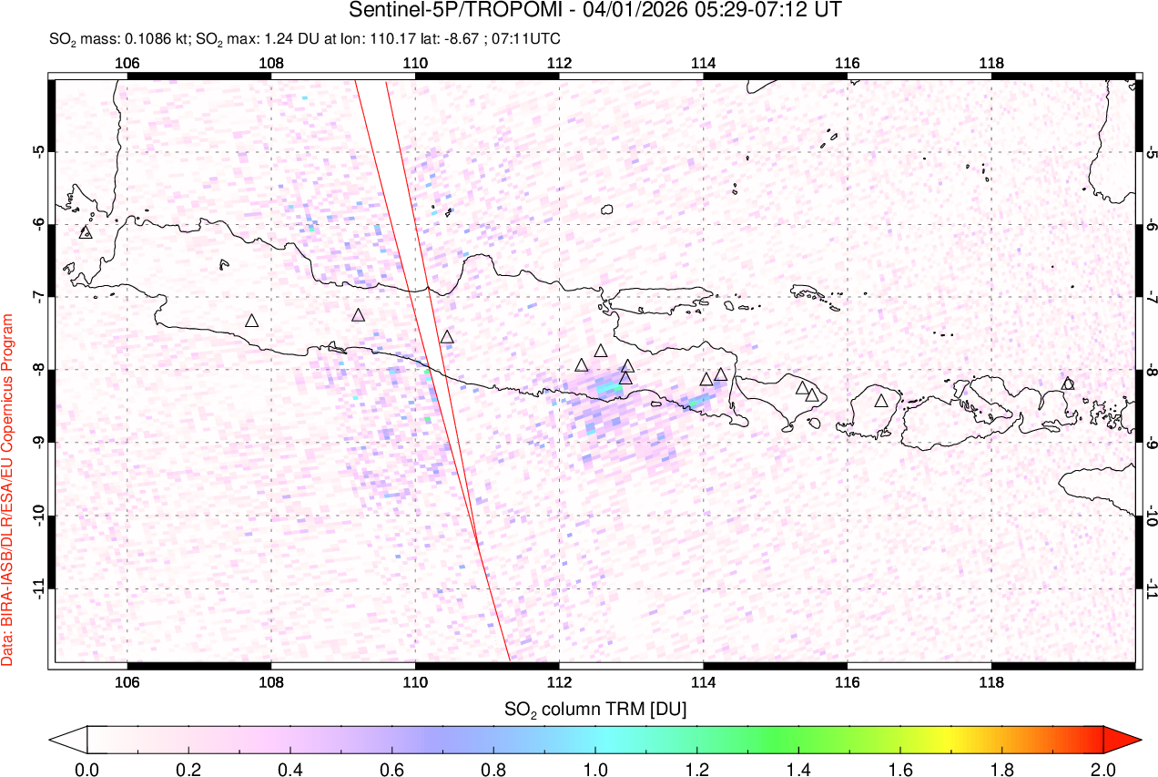 A sulfur dioxide image over Java, Indonesia on Apr 01, 2026.