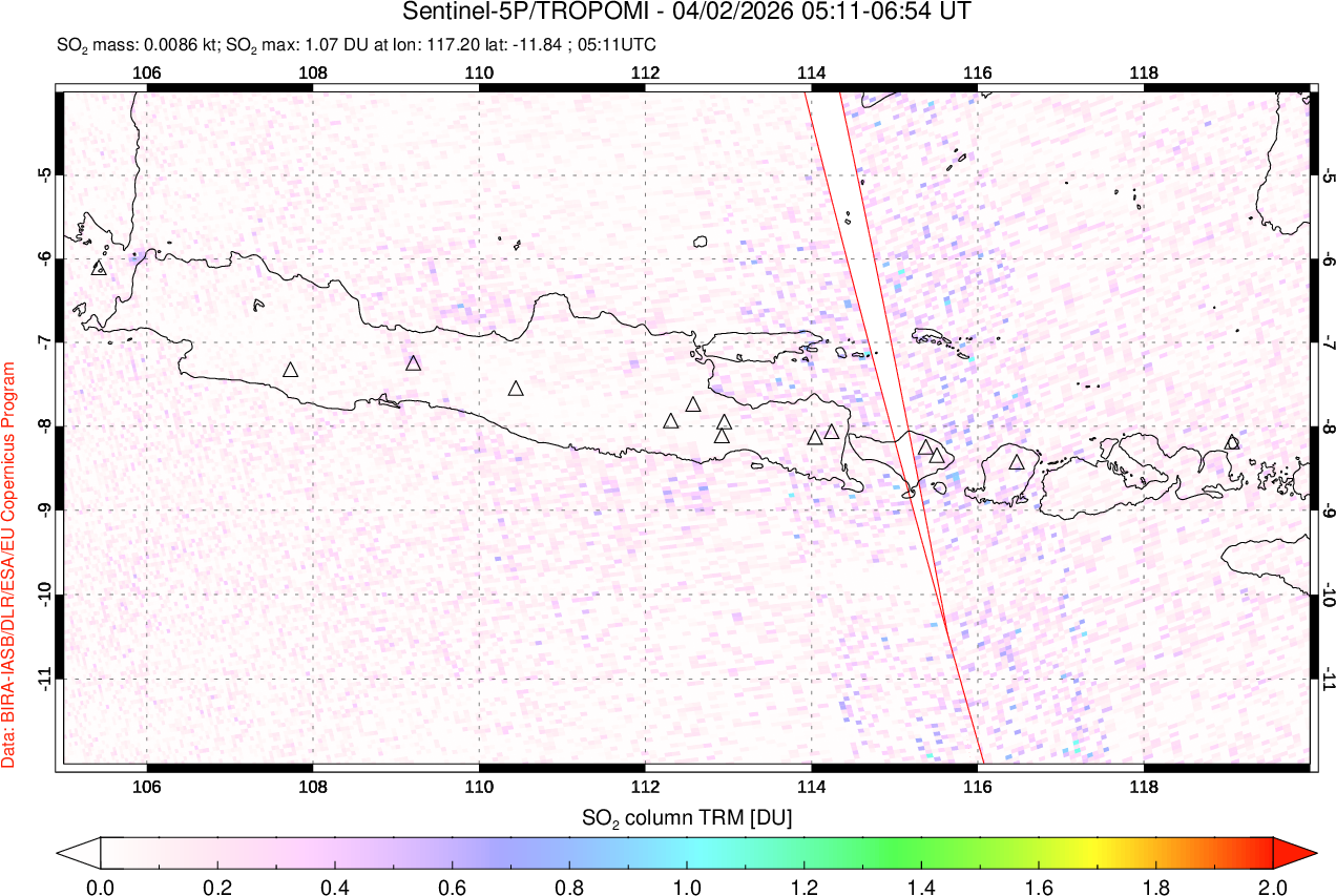 A sulfur dioxide image over Java, Indonesia on Apr 02, 2026.