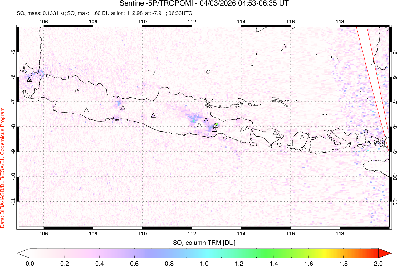 A sulfur dioxide image over Java, Indonesia on Apr 03, 2026.
